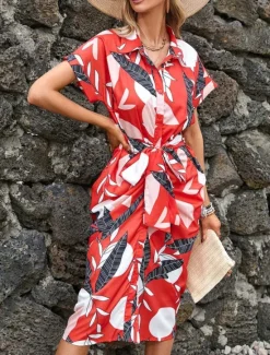Best Women's Midi Dress Casual Dress A Line Dress Stylish Casual Vacation Daily Regular Fit Floral Leaf Short Sleeve Shirt Collar Red Green Summer Women Spring Dresses