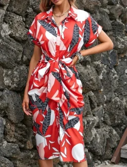Best Women's Midi Dress Casual Dress A Line Dress Stylish Casual Vacation Daily Regular Fit Floral Leaf Short Sleeve Shirt Collar Red Green Summer Women Spring Dresses