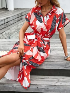 Best Women's Midi Dress Casual Dress A Line Dress Stylish Casual Vacation Daily Regular Fit Floral Leaf Short Sleeve Shirt Collar Red Green Summer Women Spring Dresses