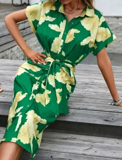 Best Women's Midi Dress Casual Dress A Line Dress Stylish Casual Vacation Daily Regular Fit Floral Leaf Short Sleeve Shirt Collar Red Green Summer Women Spring Dresses