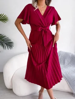 Hot Women's Midi Dress Casual Dress A Line Dress Stylish Basic Casual Vacation Daily Regular Fit Plain Short Sleeve V Neck Red Green Summer Spring Women Cocktail Dress