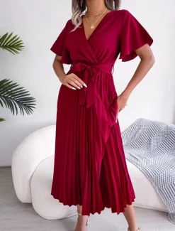 Hot Women's Midi Dress Casual Dress A Line Dress Stylish Basic Casual Vacation Daily Regular Fit Plain Short Sleeve V Neck Red Green Summer Spring Women Cocktail Dress