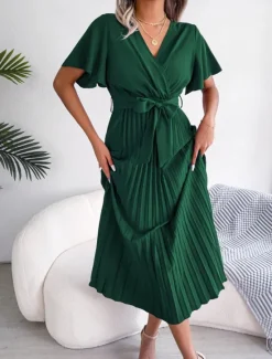 Hot Women's Midi Dress Casual Dress A Line Dress Stylish Basic Casual Vacation Daily Regular Fit Plain Short Sleeve V Neck Red Green Summer Spring Women Cocktail Dress