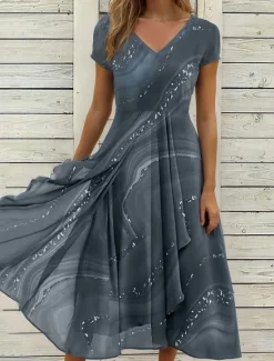 Women's Midi Dress Casual Dress Cocktail Dress Wedding Guest Dress Chiffon Dress Streetwear A Line Vacation Street Holiday Regular Fit Ombre Marble Short Sleeve V Neck Summer Women Cocktail Dress