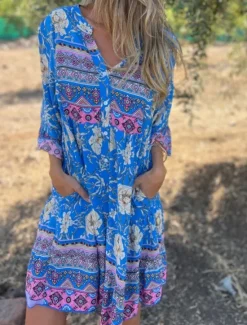 Outlet Women's Midi Dress Casual Dress Boho Chic Dresses Bohemia Casual Boho Vacation Daily Beach Loose Fit Floral 3/4 Length Sleeve Shirt Collar Navy Blue Royal Blue Purple Summer Spring Women Floral Dresses