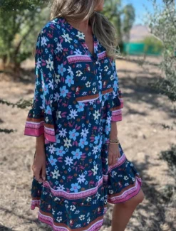 Outlet Women's Midi Dress Casual Dress Boho Chic Dresses Bohemia Casual Boho Vacation Daily Beach Loose Fit Floral 3/4 Length Sleeve Shirt Collar Navy Blue Royal Blue Purple Summer Spring Women Floral Dresses