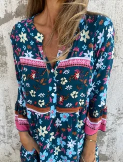 Outlet Women's Midi Dress Casual Dress Boho Chic Dresses Bohemia Casual Boho Vacation Daily Beach Loose Fit Floral 3/4 Length Sleeve Shirt Collar Navy Blue Royal Blue Purple Summer Spring Women Floral Dresses