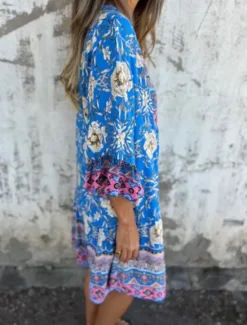 Outlet Women's Midi Dress Casual Dress Boho Chic Dresses Bohemia Casual Boho Vacation Daily Beach Loose Fit Floral 3/4 Length Sleeve Shirt Collar Navy Blue Royal Blue Purple Summer Spring Women Floral Dresses