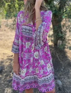 Outlet Women's Midi Dress Casual Dress Boho Chic Dresses Bohemia Casual Boho Vacation Daily Beach Loose Fit Floral 3/4 Length Sleeve Shirt Collar Navy Blue Royal Blue Purple Summer Spring Women Floral Dresses