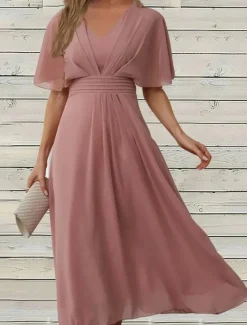 Discount Women's Midi Dress Casual Dress Cocktail Dress Wedding Guest Dress Chiffon Dress Elegant Streetwear A Line Vacation Work Street Regular Fit Short Sleeve V Neck Summer Women Cocktail Dress