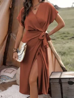 Best Women's Midi Dress Casual Dress Wrap Dress A Line Dress Basic Casual Vacation Daily Regular Fit Plain Short Sleeve V Neck Blue Brown Green Summer Women Work Dresses