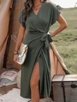Best Women's Midi Dress Casual Dress Wrap Dress A Line Dress Basic Casual Vacation Daily Regular Fit Plain Short Sleeve V Neck Blue Brown Green Summer Women Work Dresses
