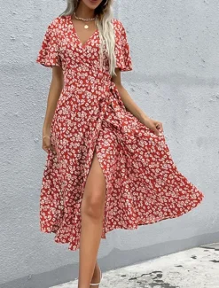 Outlet Women's Midi Dress Casual Dress A Line Dress Stylish Casual Vacation Daily Regular Fit Floral Short Sleeve V Neck Summer Women Spring Dresses