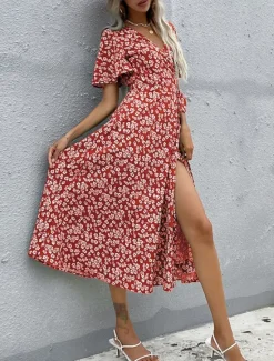 Outlet Women's Midi Dress Casual Dress A Line Dress Stylish Casual Vacation Daily Regular Fit Floral Short Sleeve V Neck Summer Women Spring Dresses