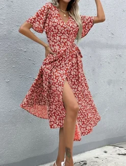 Outlet Women's Midi Dress Casual Dress A Line Dress Stylish Casual Vacation Daily Regular Fit Floral Short Sleeve V Neck Summer Women Spring Dresses