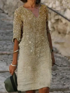 New Women's Midi Dress Casual Dress Shift Dress Elegant Vintage Sexy Daily Holiday Regular Fit Abstract Half Sleeve V Neck fluorescent yellow khaki Summer Spring Women Casual Dress
