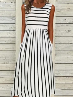 Clearance Women's Midi Dress Casual Dress Casual Outdoor Daily Holiday Loose Fit Striped Sleeveless Crew Neck Black White Summer Spring Women Casual Dress