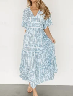 Discount Women's Midi Dress Casual Dress Boho Chic Dresses Boho Dress Bohemia Vintage Stylish Vacation Casual Daily Regular Fit Stripe Short Sleeve V Neck Black Light Green Light Blue Summer Spring Women Floral Dresses