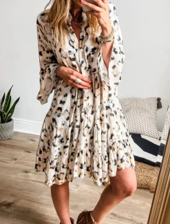 Clearance Women's Midi Dress Casual Dress A Line Dress Stylish Casual Vacation Daily Regular Fit Leopard Long Sleeve V Neck Pink Blue Apricot Summer Women Casual Dress