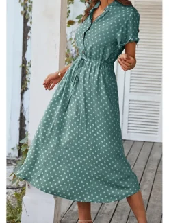 Outlet Women's Midi Dress Casual Dress Summer Dress Fashion Vacation Holiday Date Regular Fit Polka Dot Short Sleeve V Neck Black Pink Wine Dark Green Summer Women Casual Dress