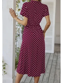 Outlet Women's Midi Dress Casual Dress Summer Dress Fashion Vacation Holiday Date Regular Fit Polka Dot Short Sleeve V Neck Black Pink Wine Dark Green Summer Women Casual Dress