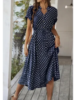 Outlet Women's Midi Dress Casual Dress Summer Dress Fashion Vacation Holiday Date Regular Fit Polka Dot Short Sleeve V Neck Black Pink Wine Dark Green Summer Women Casual Dress