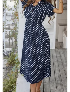 Outlet Women's Midi Dress Casual Dress Summer Dress Fashion Vacation Holiday Date Regular Fit Polka Dot Short Sleeve V Neck Black Pink Wine Dark Green Summer Women Casual Dress