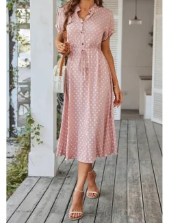 Outlet Women's Midi Dress Casual Dress Summer Dress Fashion Vacation Holiday Date Regular Fit Polka Dot Short Sleeve V Neck Black Pink Wine Dark Green Summer Women Casual Dress