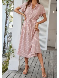 Outlet Women's Midi Dress Casual Dress Summer Dress Fashion Vacation Holiday Date Regular Fit Polka Dot Short Sleeve V Neck Black Pink Wine Dark Green Summer Women Casual Dress