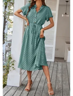 Outlet Women's Midi Dress Casual Dress Summer Dress Fashion Vacation Holiday Date Regular Fit Polka Dot Short Sleeve V Neck Black Pink Wine Dark Green Summer Women Casual Dress