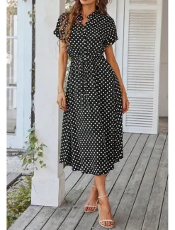 Outlet Women's Midi Dress Casual Dress Summer Dress Fashion Vacation Holiday Date Regular Fit Polka Dot Short Sleeve V Neck Black Pink Wine Dark Green Summer Women Casual Dress