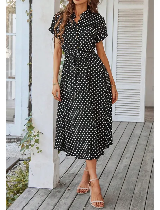 Outlet Women's Midi Dress Casual Dress Summer Dress Fashion Vacation Holiday Date Regular Fit Polka Dot Short Sleeve V Neck Black Pink Wine Dark Green Summer Women Casual Dress