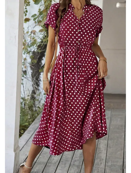 Outlet Women's Midi Dress Casual Dress Summer Dress Fashion Vacation Holiday Date Regular Fit Polka Dot Short Sleeve V Neck Black Pink Wine Dark Green Summer Women Casual Dress