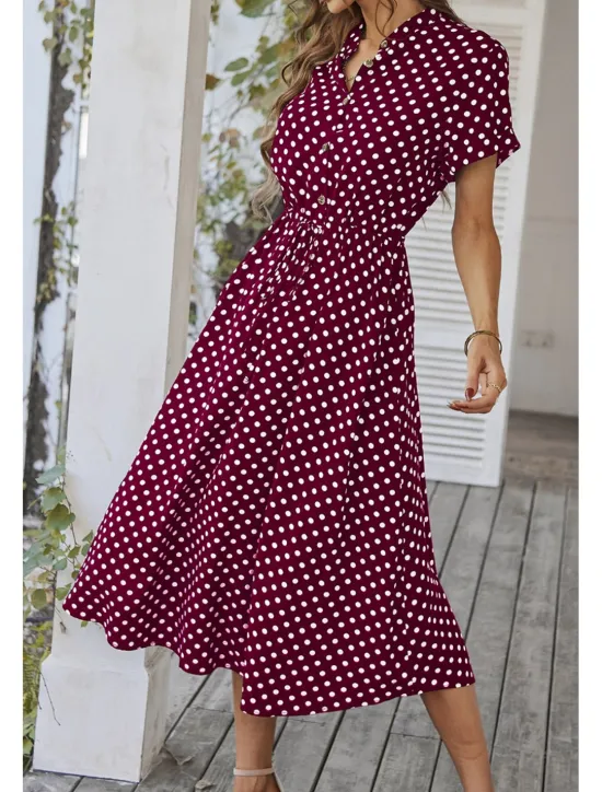 Outlet Women's Midi Dress Casual Dress Summer Dress Fashion Vacation Holiday Date Regular Fit Polka Dot Short Sleeve V Neck Black Pink Wine Dark Green Summer Women Casual Dress