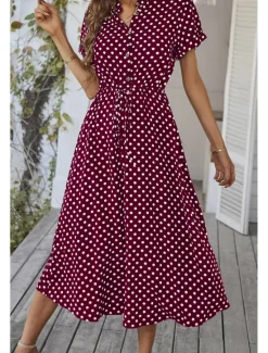 Outlet Women's Midi Dress Casual Dress Summer Dress Fashion Vacation Holiday Date Regular Fit Polka Dot Short Sleeve V Neck Black Pink Wine Dark Green Summer Women Casual Dress