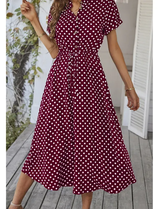 Outlet Women's Midi Dress Casual Dress Summer Dress Fashion Vacation Holiday Date Regular Fit Polka Dot Short Sleeve V Neck Black Pink Wine Dark Green Summer Women Casual Dress