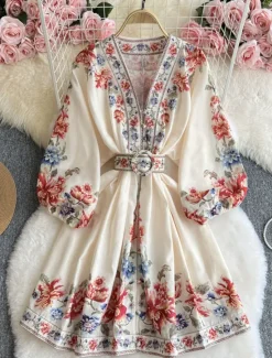 Women's Midi Dress Casual Dress Swing Dress A Line Dress Boho Dress Vintage Casual Daily Regular Fit Floral Long Sleeve V Neck Dark Blue Beige Spring Fall Women Floral Dresses