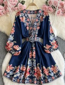 Women's Midi Dress Casual Dress Swing Dress A Line Dress Boho Dress Vintage Casual Daily Regular Fit Floral Long Sleeve V Neck Dark Blue Beige Spring Fall Women Floral Dresses