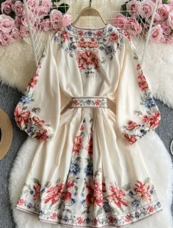 Women's Midi Dress Casual Dress Swing Dress A Line Dress Boho Dress Vintage Casual Daily Regular Fit Floral Long Sleeve V Neck Dark Blue Beige Spring Fall Women Floral Dresses