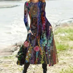New Women's Midi Dress Casual Dress Winter Dress Ethnic Dress Swing Dress Vacation Casual Modest Formal Outdoor Winter Dress Regular Fit Floral Long Sleeve Crew Neck Fall Winter Autumn Women Work Dresses