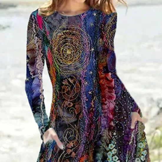 New Women's Midi Dress Casual Dress Winter Dress Ethnic Dress Swing Dress Vacation Casual Modest Formal Outdoor Winter Dress Regular Fit Floral Long Sleeve Crew Neck Fall Winter Autumn Women Work Dresses