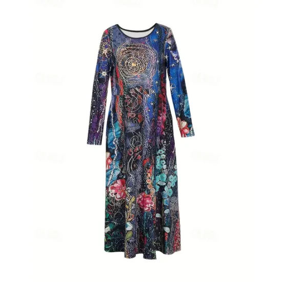 New Women's Midi Dress Casual Dress Winter Dress Ethnic Dress Swing Dress Vacation Casual Modest Formal Outdoor Winter Dress Regular Fit Floral Long Sleeve Crew Neck Fall Winter Autumn Women Work Dresses