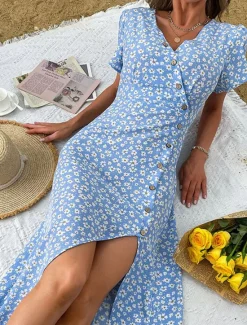 Outlet Women's Midi Dress Casual Dress A Line Dress Summer Dress Stylish Casual Vacation Daily Date Regular Fit Floral Short Sleeve V Neck Black Red Blue Summer Women Floral Dresses