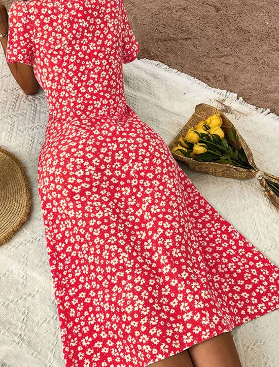 Outlet Women's Midi Dress Casual Dress A Line Dress Summer Dress Stylish Casual Vacation Daily Date Regular Fit Floral Short Sleeve V Neck Black Red Blue Summer Women Floral Dresses