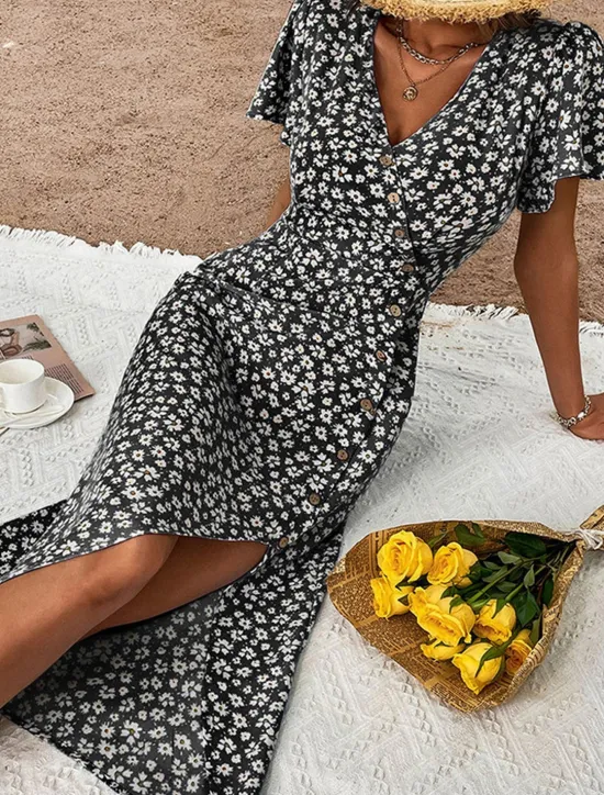 Outlet Women's Midi Dress Casual Dress A Line Dress Summer Dress Stylish Casual Vacation Daily Date Regular Fit Floral Short Sleeve V Neck Black Red Blue Summer Women Floral Dresses