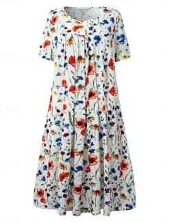 Sale Women's Midi Dress Casual Dress Floral Dress Short Sleeve Floral Ruched Spring Summer Crew Neck Basic Daily Vacation Weekend Women Spring Dresses|T Shirt Dresses