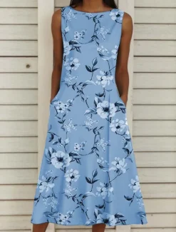 Women's Midi Dress Casual Dress Tank Dress Summer Dress Elegant Vacation Stylish Vacation Holiday Loose Fit Floral Sleeveless Crew Neck Pink Blue Purple Green Summer Women Spring Dresses