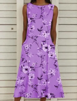 Women's Midi Dress Casual Dress Tank Dress Summer Dress Elegant Vacation Stylish Vacation Holiday Loose Fit Floral Sleeveless Crew Neck Pink Blue Purple Green Summer Women Spring Dresses