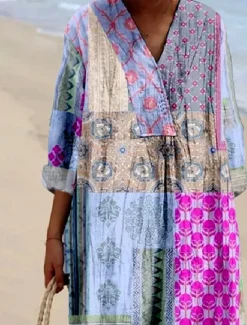 Online Women's Midi Dress Casual Dress Sundress A Line Dress Vacation Casual Boho Party Holiday Beach Loose Fit Floral Graphic Abstract Long Sleeve V Neck Light Pink Light Green Purple Spring Fall Women Vacation Dresses