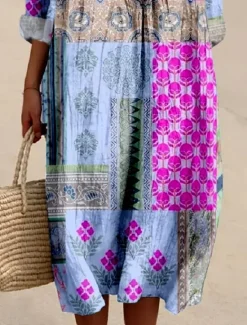 Online Women's Midi Dress Casual Dress Sundress A Line Dress Vacation Casual Boho Party Holiday Beach Loose Fit Floral Graphic Abstract Long Sleeve V Neck Light Pink Light Green Purple Spring Fall Women Vacation Dresses